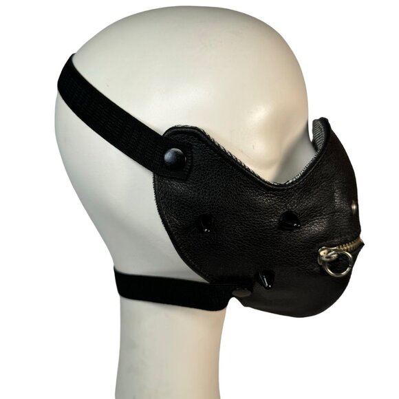 Black Patent Leather Half Face Mask w Zipper Mouth Spikes Goth Industrial Horror - Picture 2 of 7